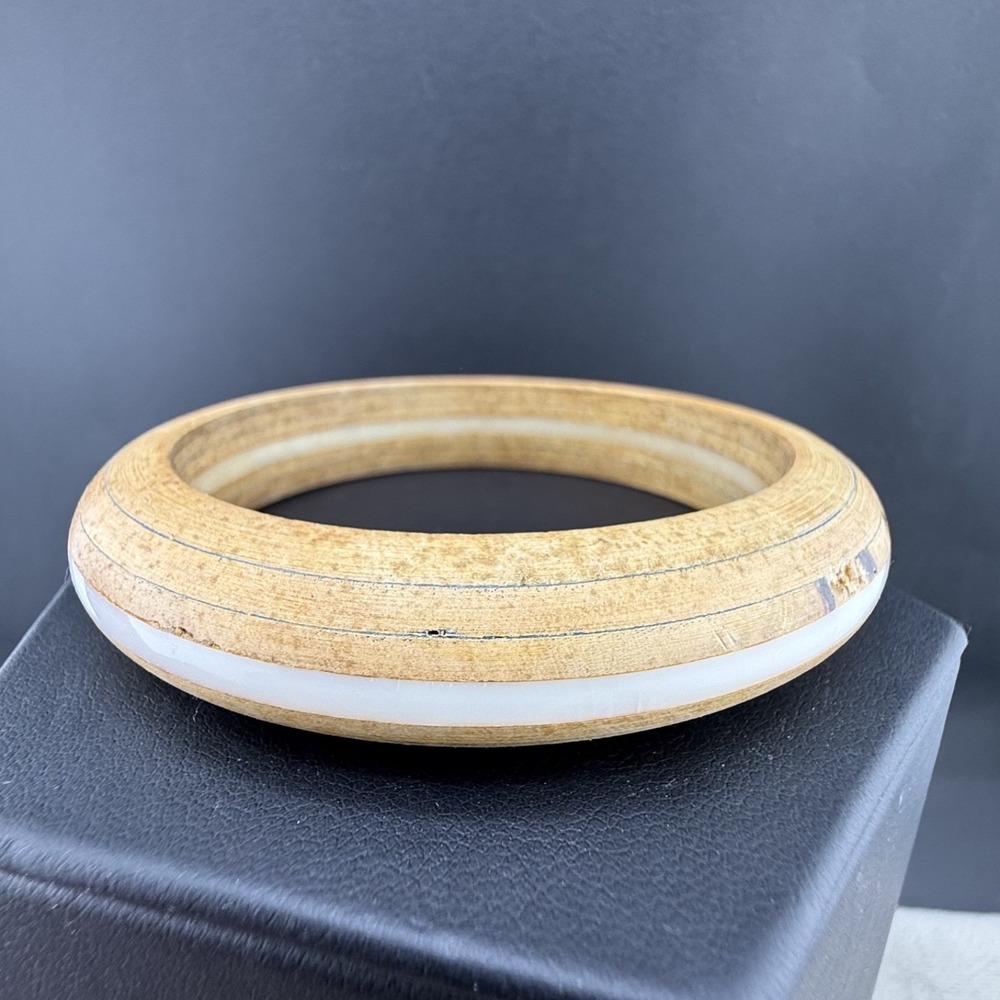 Vintage Estate Bangle Bracelet Brown Wood Acrylic Inlay 8.5in